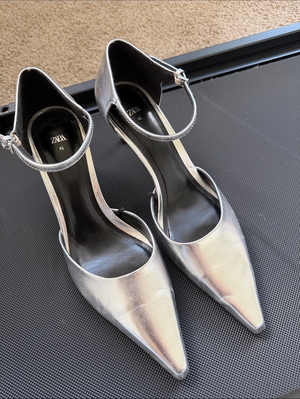 Zara Metallic Silver Pointed Ankle-Strap Heels